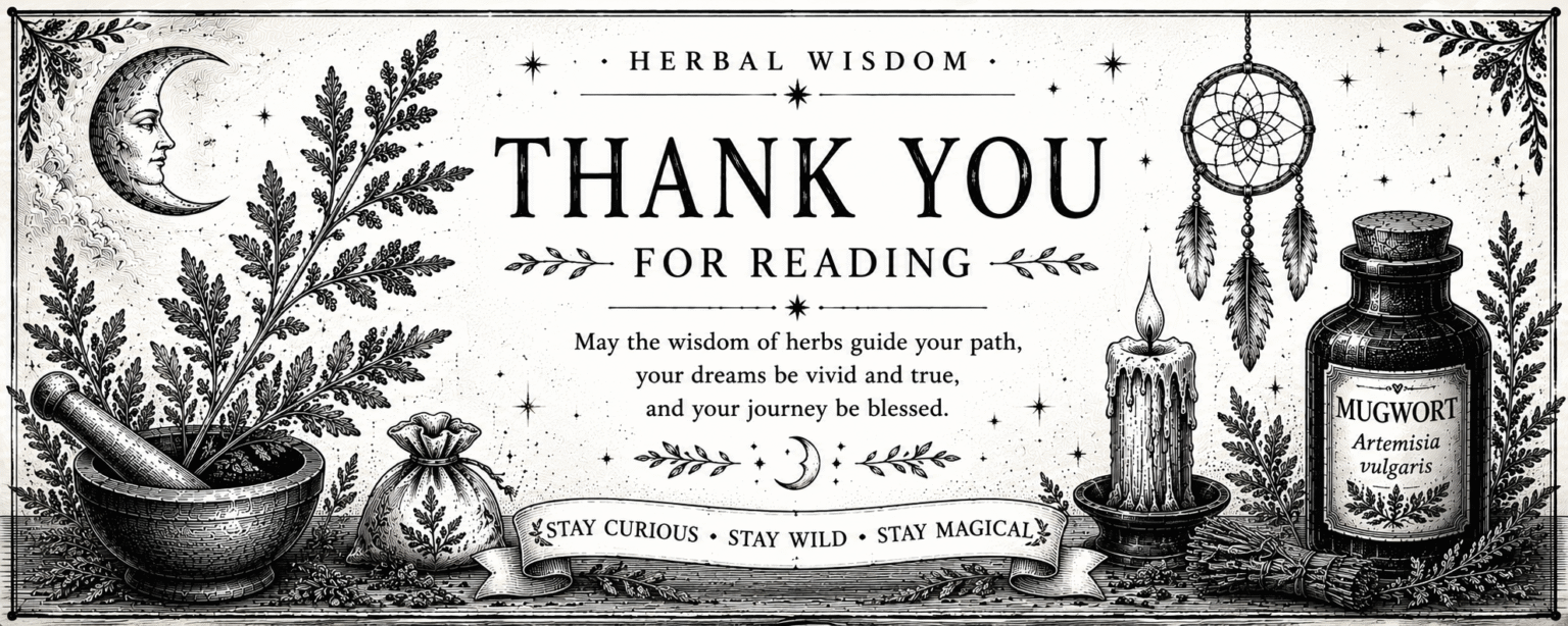 Vintage black and white Herbal Wisdom closing banner featuring mugwort, moon, candle, apothecary jar and botanical illustrations.