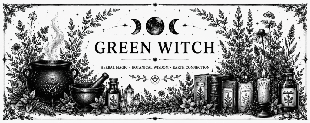 Black and white Green Witch collection banner featuring a cauldron, mortar and pestle, apothecary bottles, magical herbs, crystals and botanical illustrations in a vintage witchcraft style.