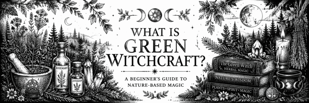 Black and white Green Witchcraft blog banner featuring magical herbs, mortar and pestle, apothecary bottles, crystals, books, candles and woodland scenery in a vintage botanical witchcraft style.