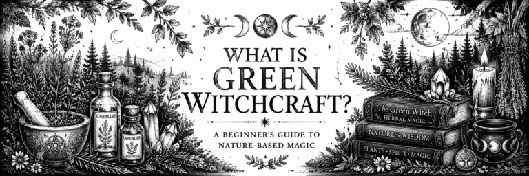 Black and white Green Witchcraft blog banner featuring magical herbs, mortar and pestle, apothecary bottles, crystals, books, candles and woodland scenery in a vintage botanical witchcraft style.
