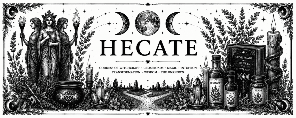 Black and white Hecate collection banner featuring the Triple Goddess, torches, cauldron, crystals, magical herbs, crossroads and ritual books in a vintage witchcraft illustration style.