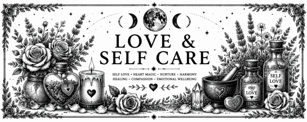 Black and white Love & Self Care collection banner featuring roses, heart-shaped potion bottles, ritual candles, crystals, herbs and botanical illustrations in a vintage witchcraft style.