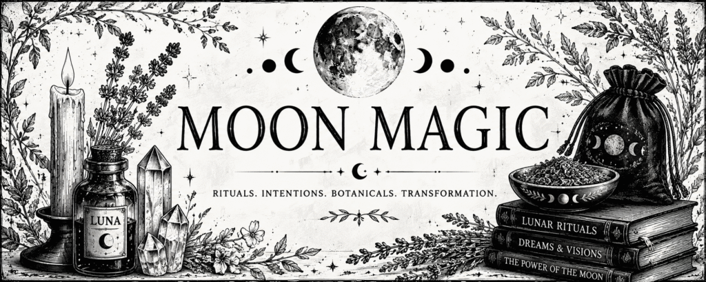 Black and white Moon Magic collection banner featuring lunar phases, magical herbs, ritual candle, apothecary bottle, crystals and witchcraft books in a vintage botanical illustration style.