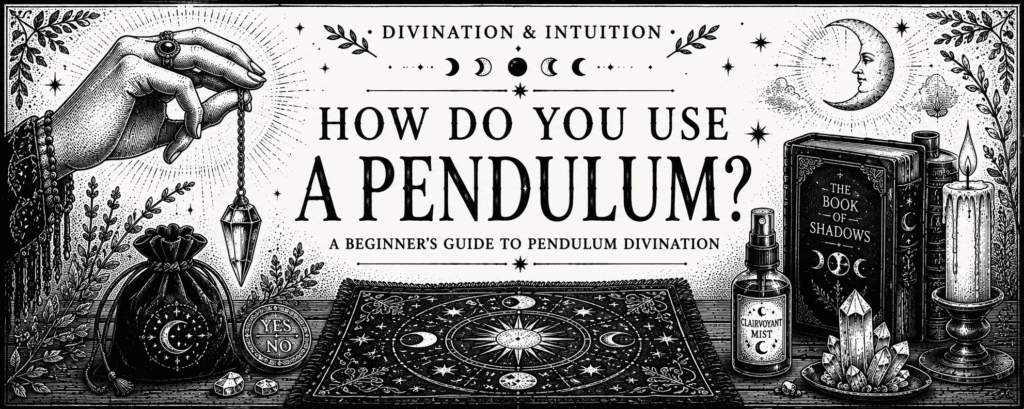 How to use a pendulum banner featuring a vintage black and white illustration of a pendulum, divination cloth, yes and no coin, candle, Book of Shadows and clairvoyant mist.