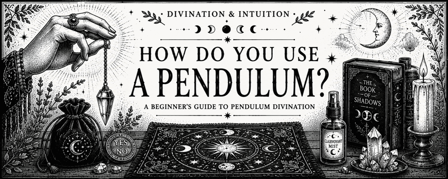 How to use a pendulum banner featuring a vintage black and white illustration of a pendulum, divination cloth, yes and no coin, candle, Book of Shadows and clairvoyant mist.