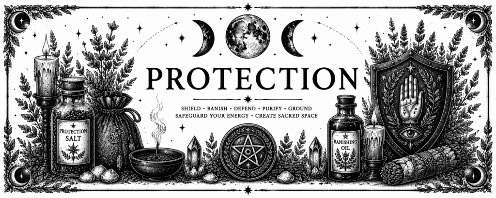 Black and white Protection collection banner featuring ritual candles, protection herbs, crystals, a protective pentacle, apothecary bottles and magical symbols in a vintage witchcraft style.