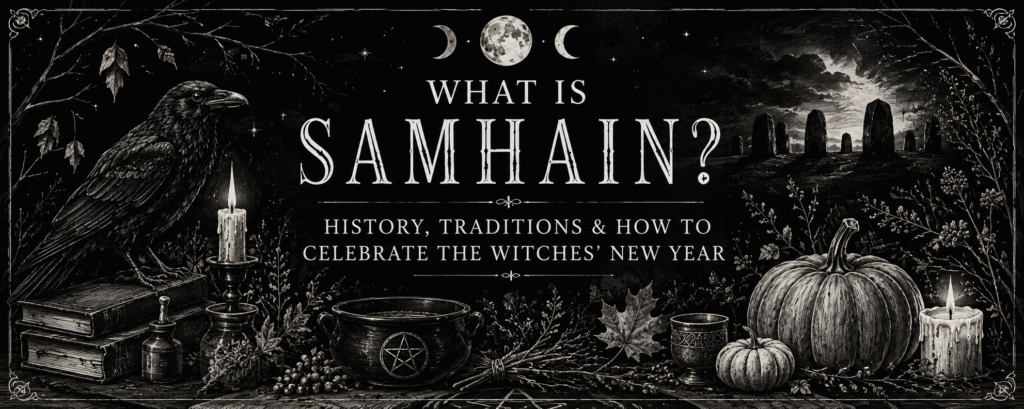 Black and white Samhain banner featuring a raven, cauldron, pumpkins, candles and an ancient stone circle beneath a moonlit sky, illustrating the history and traditions of Samhain.