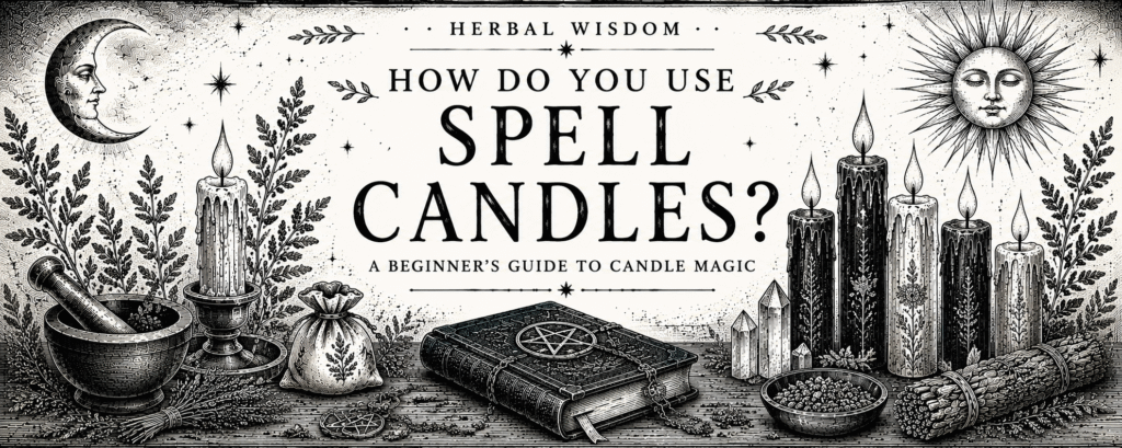 How do you use spell candles banner featuring vintage black and white illustrations of ritual candles, herbs, crystals, moon and magical tools.