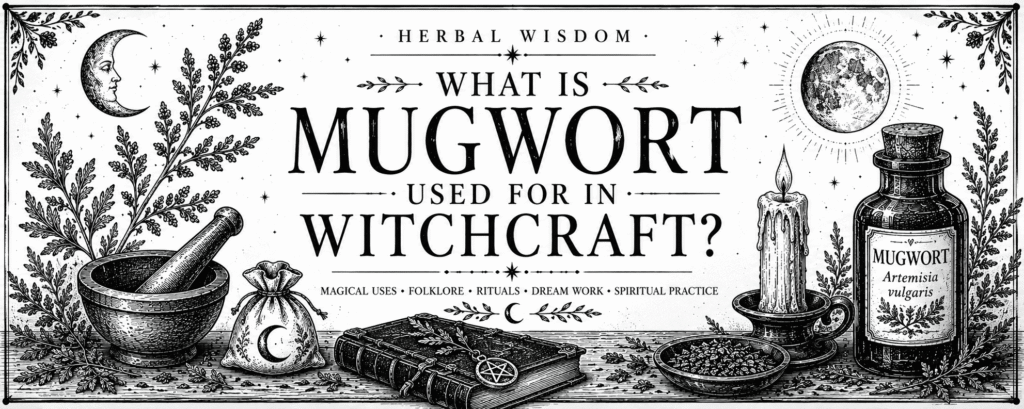 What is mugwort used for in witchcraft banner featuring vintage botanical mugwort, moon, candle, apothecary jar and magical ritual tools.