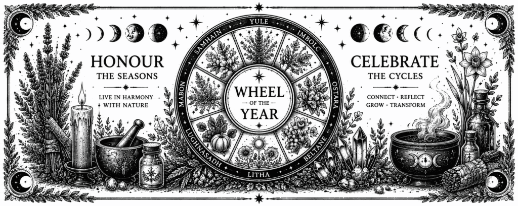 Black and white Wheel of the Year collection banner featuring the eight Sabbats, seasonal botanicals, ritual candles, crystals, cauldron and magical symbols in a vintage witchcraft style.