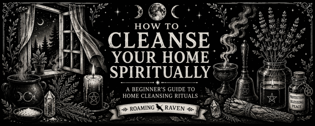 Black and white illustration for a spiritual home cleansing guide featuring an open window, candles, herbs, incense, salt, crystals and a ritual bell.