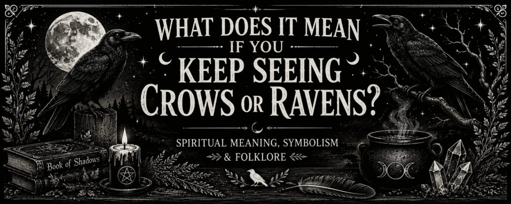 Black and white illustration of two ravens beneath the moon with candles, herbs, crystals and witchcraft symbols, representing raven and crow spiritual meaning and folklore.