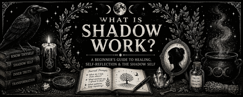Black and white shadow work illustration with a raven, candle, mirror, journal, crystals and cauldron representing self-reflection and the shadow self.