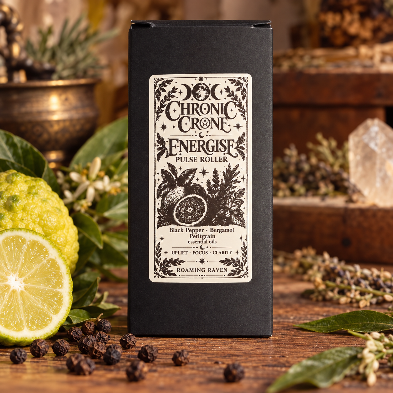 Black Chronic Crone Energise Pulse Roller box with a black and white moon, citrus and botanical label.