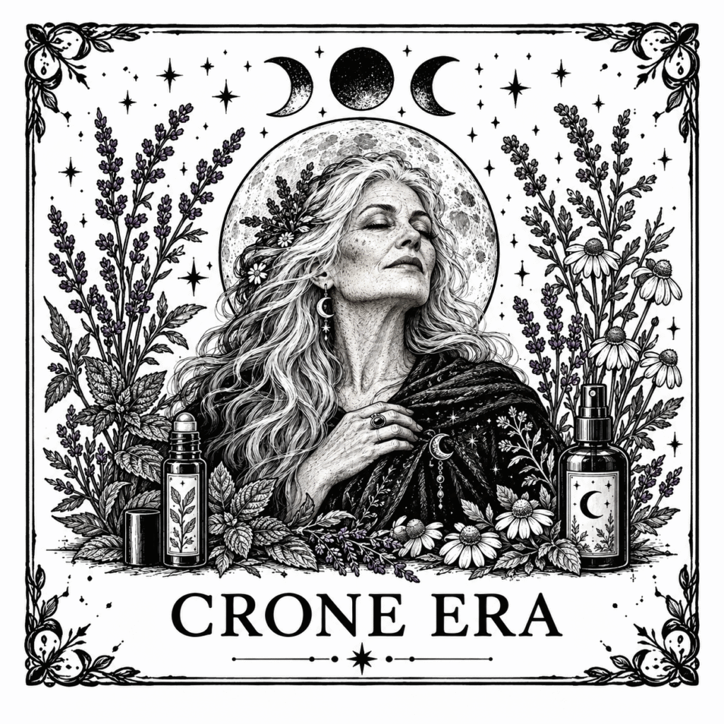 Crone Era illustrated button showing a silver-haired woman beneath the moon, surrounded by herbs and self-care bottles.