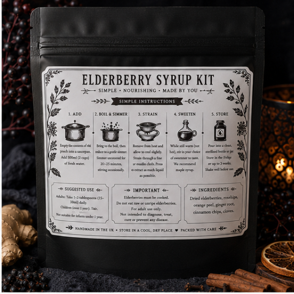 Roaming Raven Elderberry Syrup Kit with simple simmer, strain and sweeten instructions