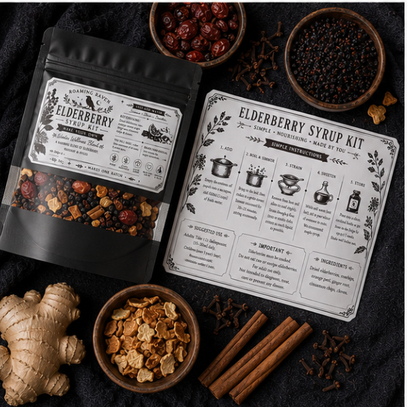 Handmade Elderberry Syrup Kit with dried elderberries, rosehips, ginger, orange peel, cinnamon and cloves