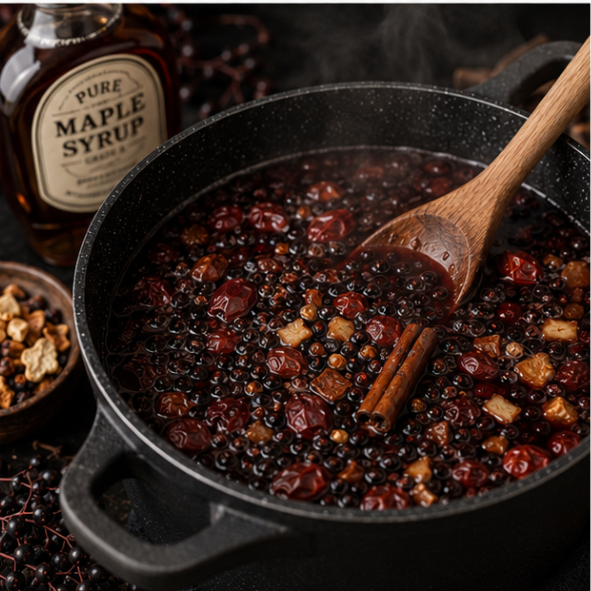 Elderberry syrup simmering with berries and warming spices as part of a make-your-own syrup kit