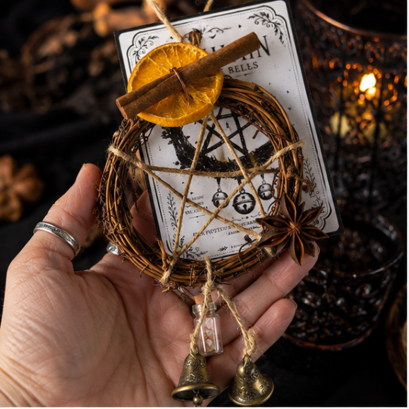 Handmade Samhain witches bells with pentagram wreath, dried orange, cinnamon, star anise and bells