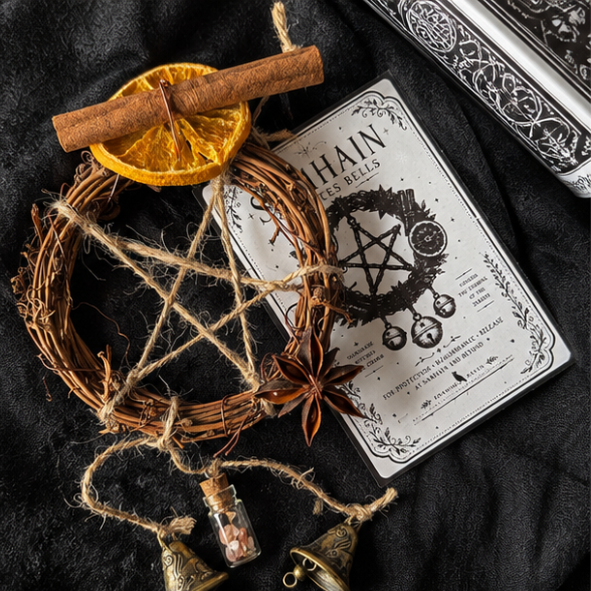 Samhain witches bells altar decoration with twig wreath, twine pentagram, cinnamon, orange and star anise