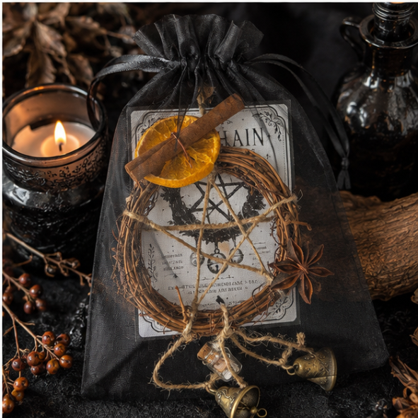 Handmade Samhain witches bells presented in black organza gift bag with Roaming Raven ritual card