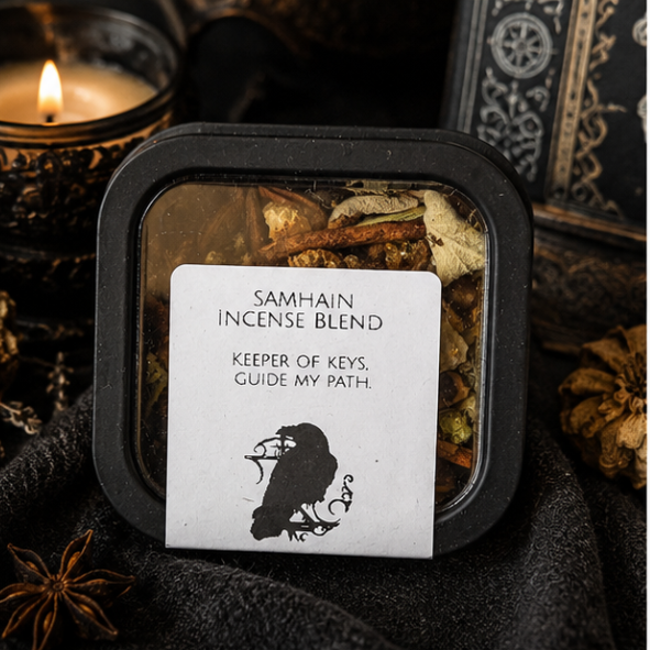 Handmade Samhain incense blend with frankincense, myrrh, herbs and warming autumn spices by Roaming Raven