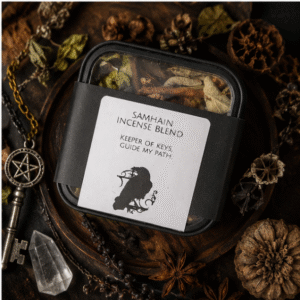 Roaming Raven Samhain incense blend containing frankincense, myrrh, herbs, cinnamon, star anise and orange peel