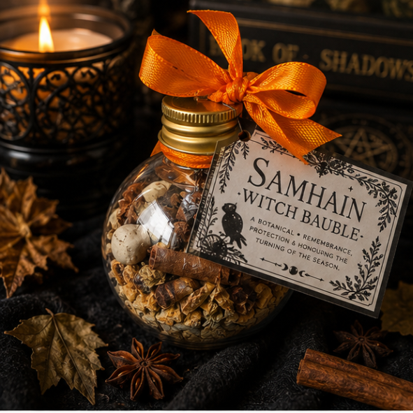 Handmade Samhain witch bauble filled with seasonal botanicals and spices with orange ribbon