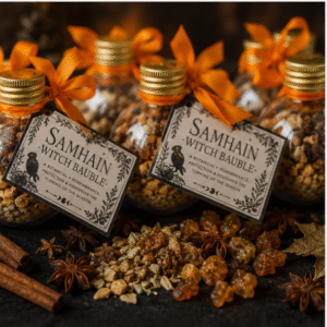 Handmade Samhain witch baubles with orange ribbons, dried botanicals and witchcraft charms