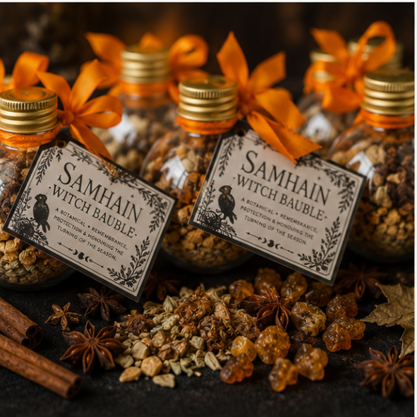Handmade Samhain witch baubles with orange ribbons, dried botanicals and witchcraft charms