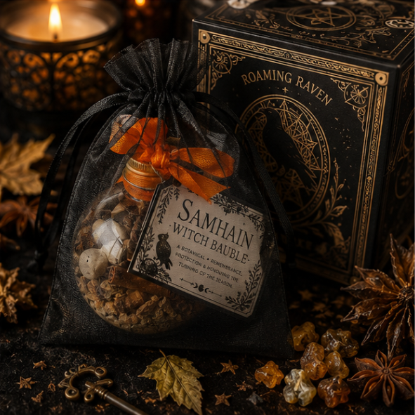 Samhain witch bauble in black organza gift bag with Roaming Raven card and autumn botanicals