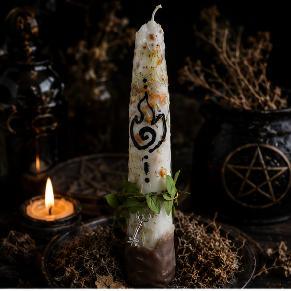 Close-up of handmade Samhain candle with botanical herbs, brown dipped wax, leafy decoration and silver key charm