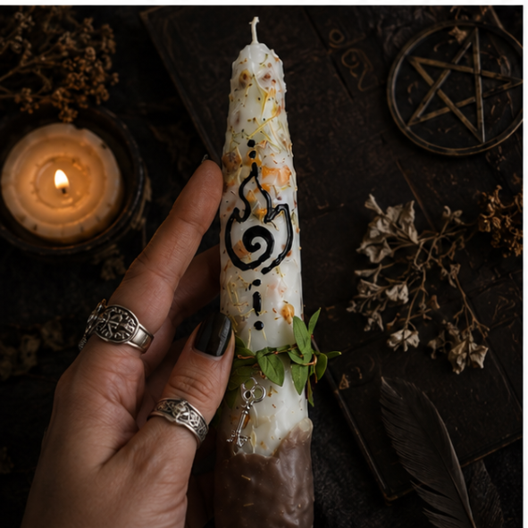 Hand holding an individual Ancestors Samhain candle decorated with herbs, foliage, key charm and black spiral flame design