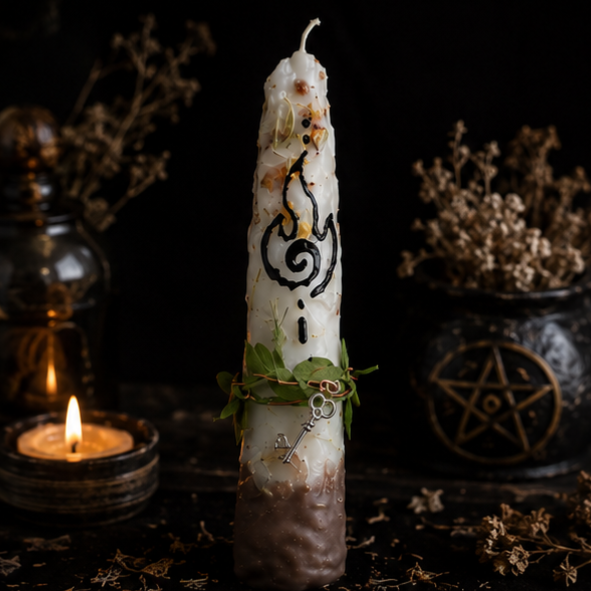 standing Handmade white Samhain ancestor candle decorated with dried herbs, greenery, key charm and hand-painted black ritual symbol