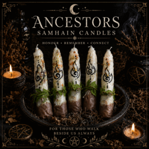 Handmade Ancestors Samhain candle with herbs, key charm and spiral flame symbol displayed on a dark witchy altar