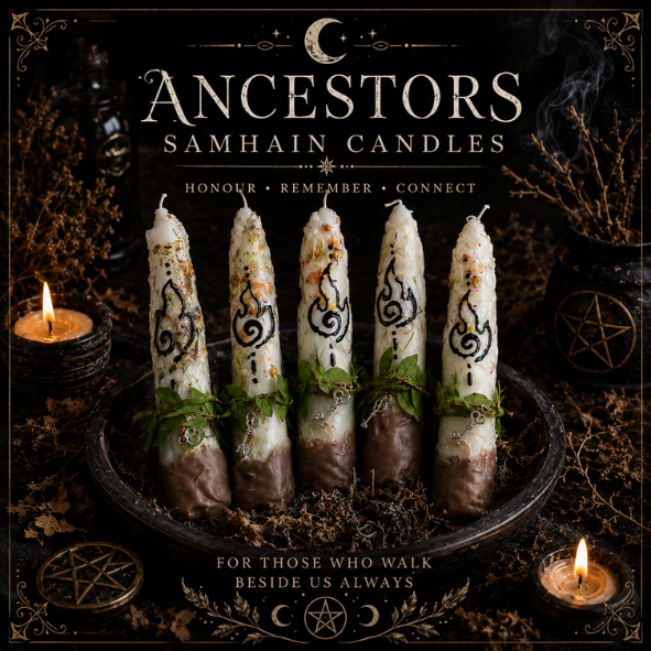 Handmade Ancestors Samhain candle with herbs, key charm and spiral flame symbol displayed on a dark witchy altar
