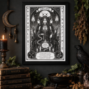 Framed Hecate witchcraft print displayed with candles, raven, herbs and gothic altar decor