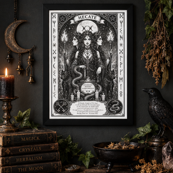 Framed Hecate witchcraft print displayed with candles, raven, herbs and gothic altar decor