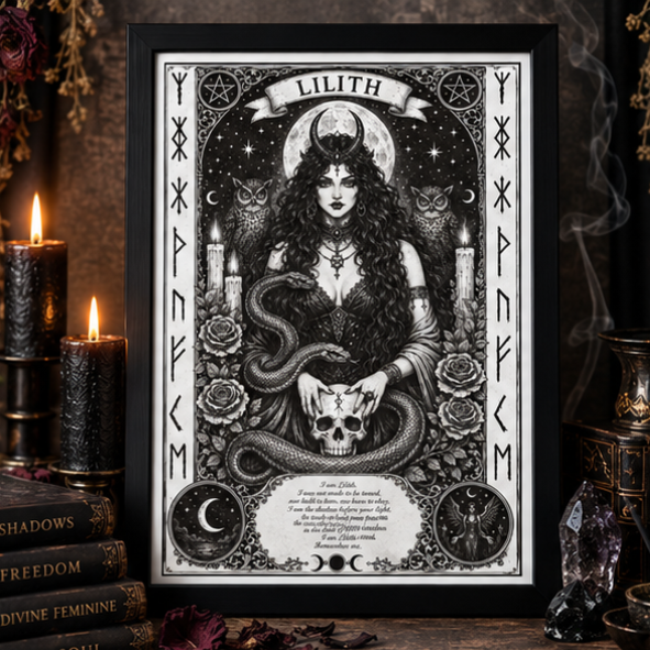Lilith A4 framed art print featuring serpents, owls, roses, moon imagery and gothic witchcraft symbolism