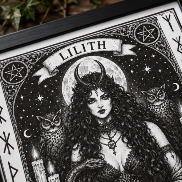 Close-up of detailed Lilith goddess art print with moon, owls, serpents and occult-inspired symbolism