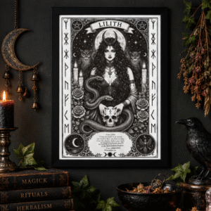 Framed Lilith witchy wall art displayed with candles, raven, herbs and gothic altar decor Image title: Lilith Witchy Wall Art and Altar Decor
