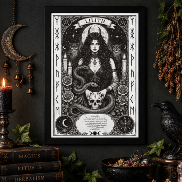 Framed Lilith witchy wall art displayed with candles, raven, herbs and gothic altar decor Image title: Lilith Witchy Wall Art and Altar Decor