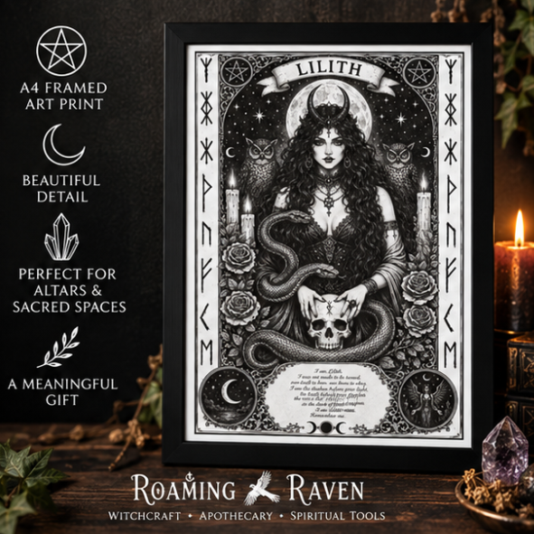A4 Lilith art print in black frame with detailed gothic illustration for witchcraft altar or spiritual gift