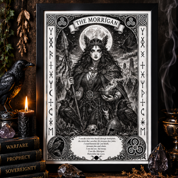 The Morrigan A4 framed art print featuring ravens, spear, moon and Celtic-inspired witchcraft symbolism