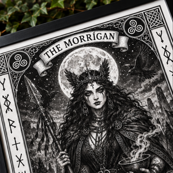 Close-up of The Morrigan goddess art print with ravens, full moon, spear and detailed Celtic-inspired symbolism