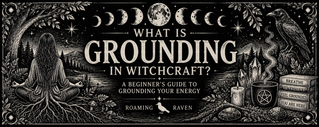 Black and white illustration of a witch grounding beneath a tree with roots extending into the earth, alongside a raven, crystals, candle and moon phases.