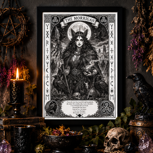Framed Morrigan witchy wall art displayed with raven, candles, herbs, crystals and gothic altar decor