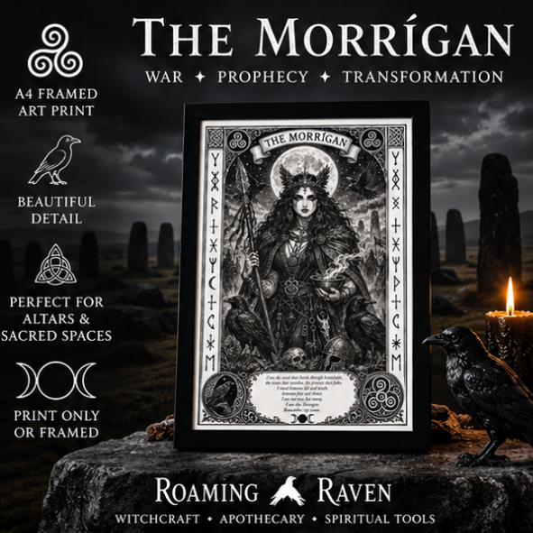 A4 Morrigan art print in black frame with ravens and Celtic symbolism, available framed or unframed