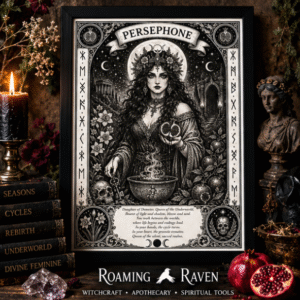 Persephone A4 framed goddess art print featuring pomegranates, flowers, moon imagery and Underworld symbolism