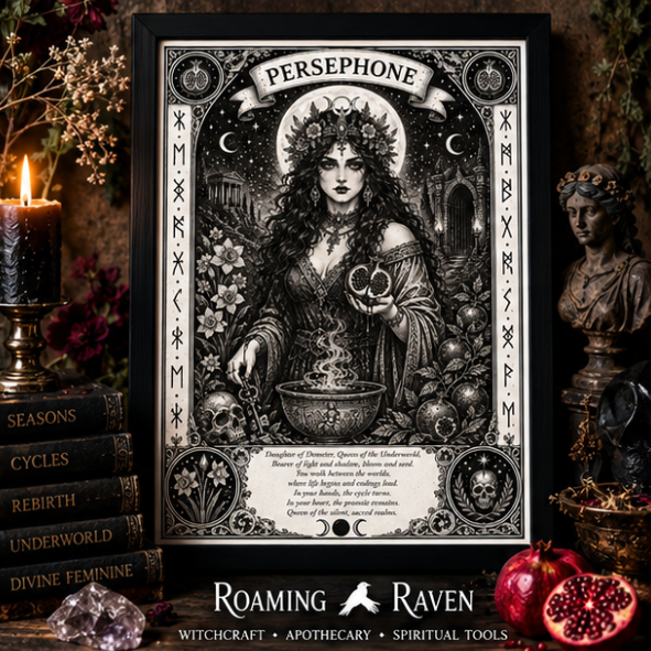 Persephone A4 framed goddess art print featuring pomegranates, flowers, moon imagery and Underworld symbolism